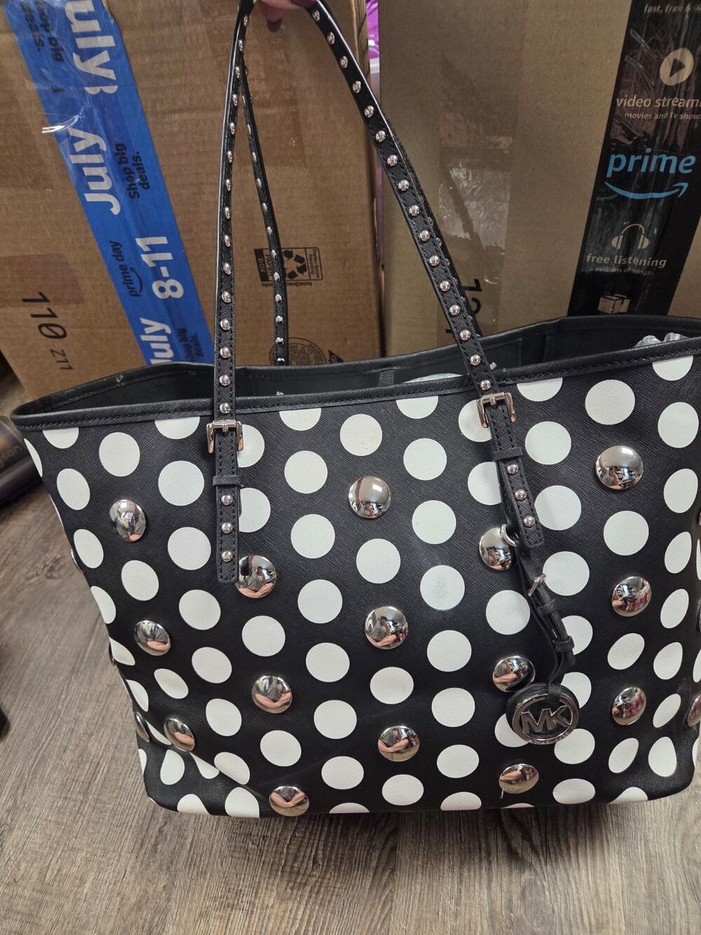 Michael Kors Saffiano Leather Polka Dot Tote Bag Black White Silver Dome Studs